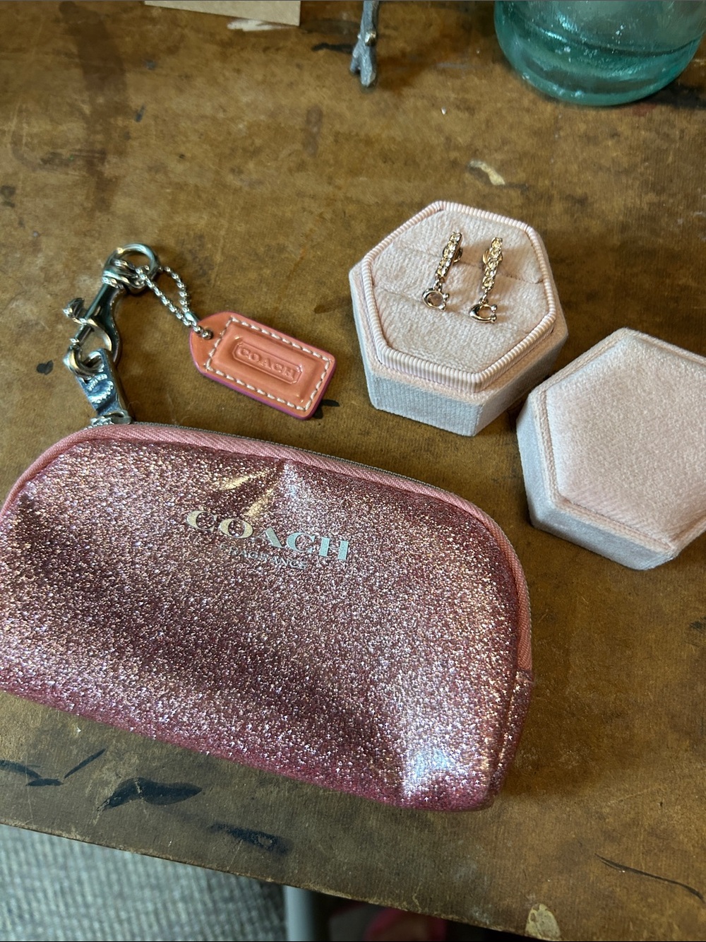 Coach Logo “C” Crystal, Vertical Bar Earrings in Rose Gold. Butterfly Hooks.